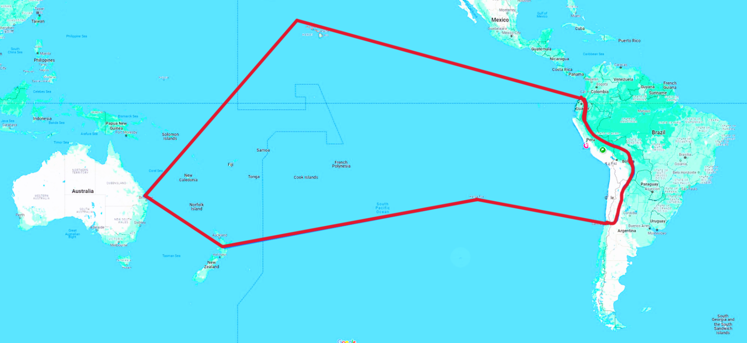 Mapa con la ruta marítima trazada entre Perú, Polinesia, Nueva Zelanda y Australia