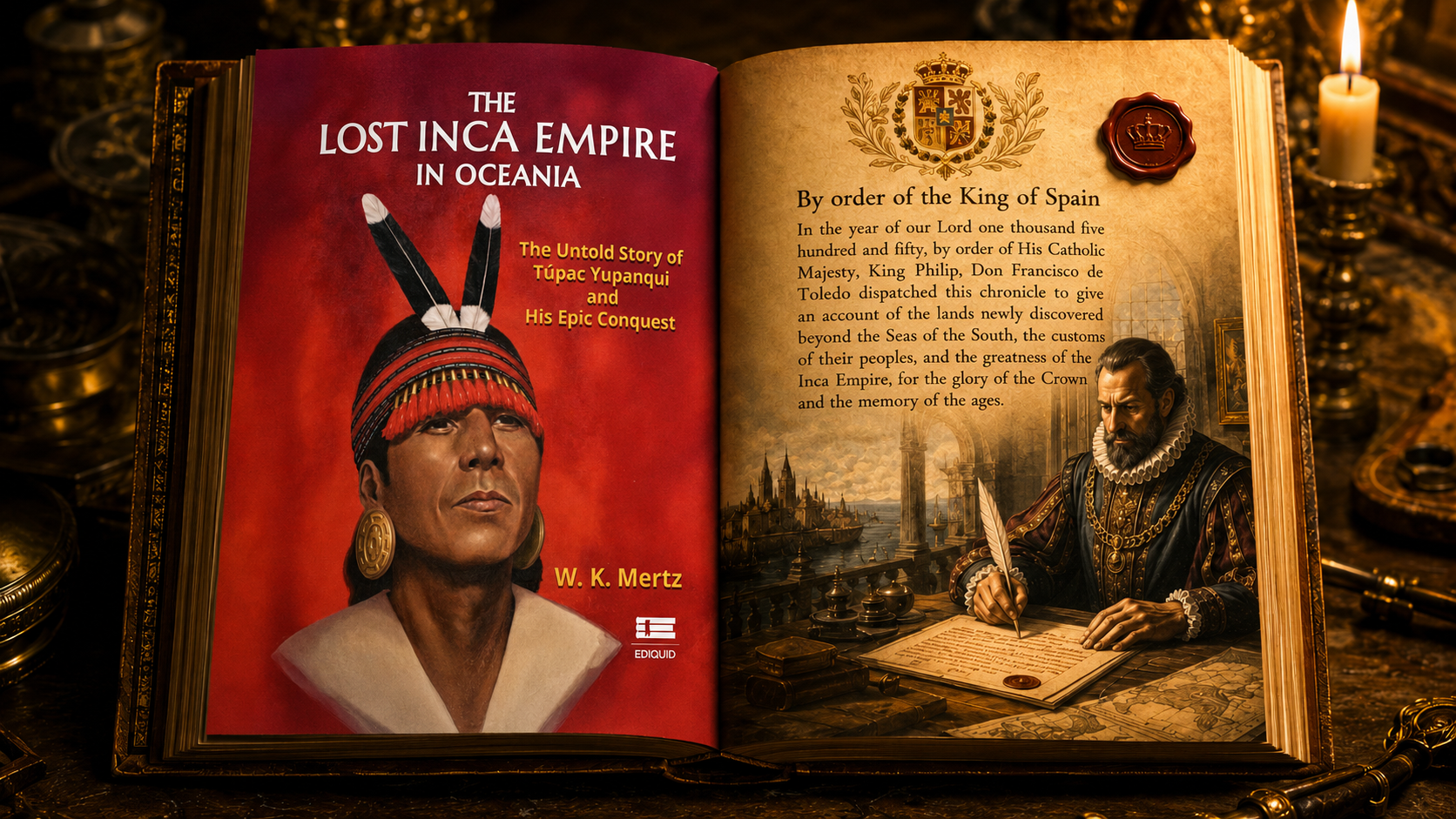 Open book with a period royal chronicle about the lands discovered beyond the Southern Sea