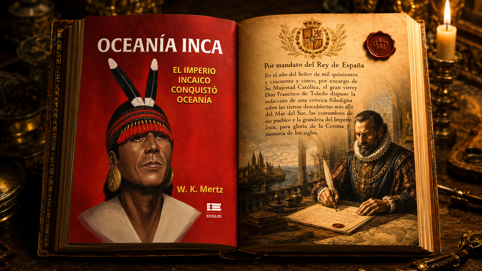 Libro abierto con una crónica real de la época sobre las tierras descubiertas más allá del mar del Sur
