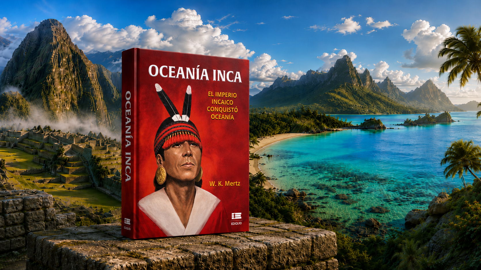 Libro Oceanía Inca junto a Machu Picchu y una bahía tropical del Pacífico