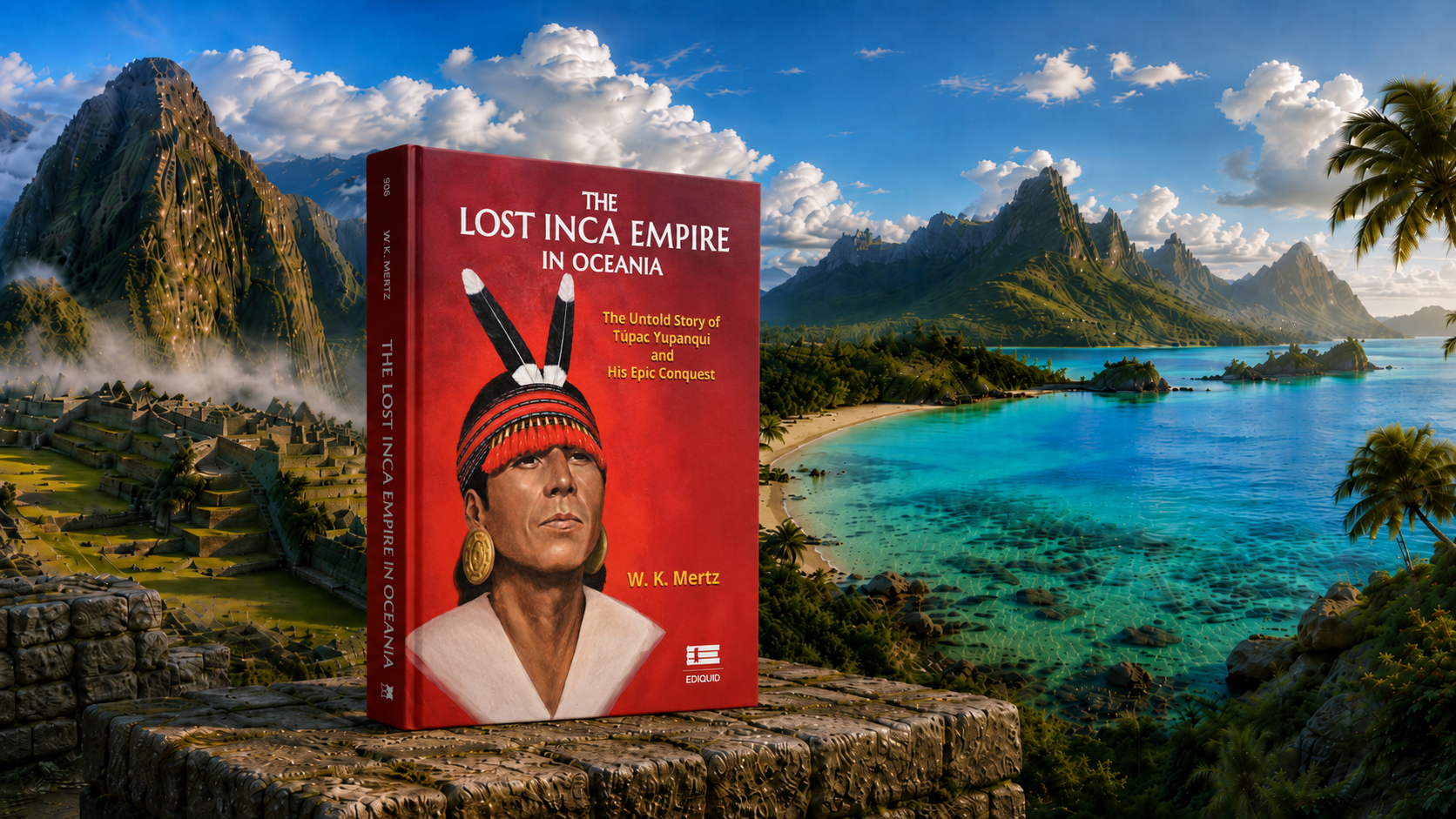 The Lost Inca Empire in Oceania book beside Machu Picchu and a tropical Pacific bay